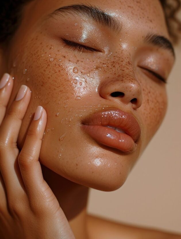 Woman applying facial serum drops skin adult perfection.